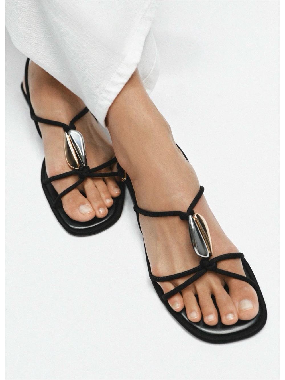 Zara Black Strappy Sandals with Mixed Metal Accent